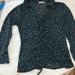 Beacon Dark Green Polka Dot Ruched Button-Down Top